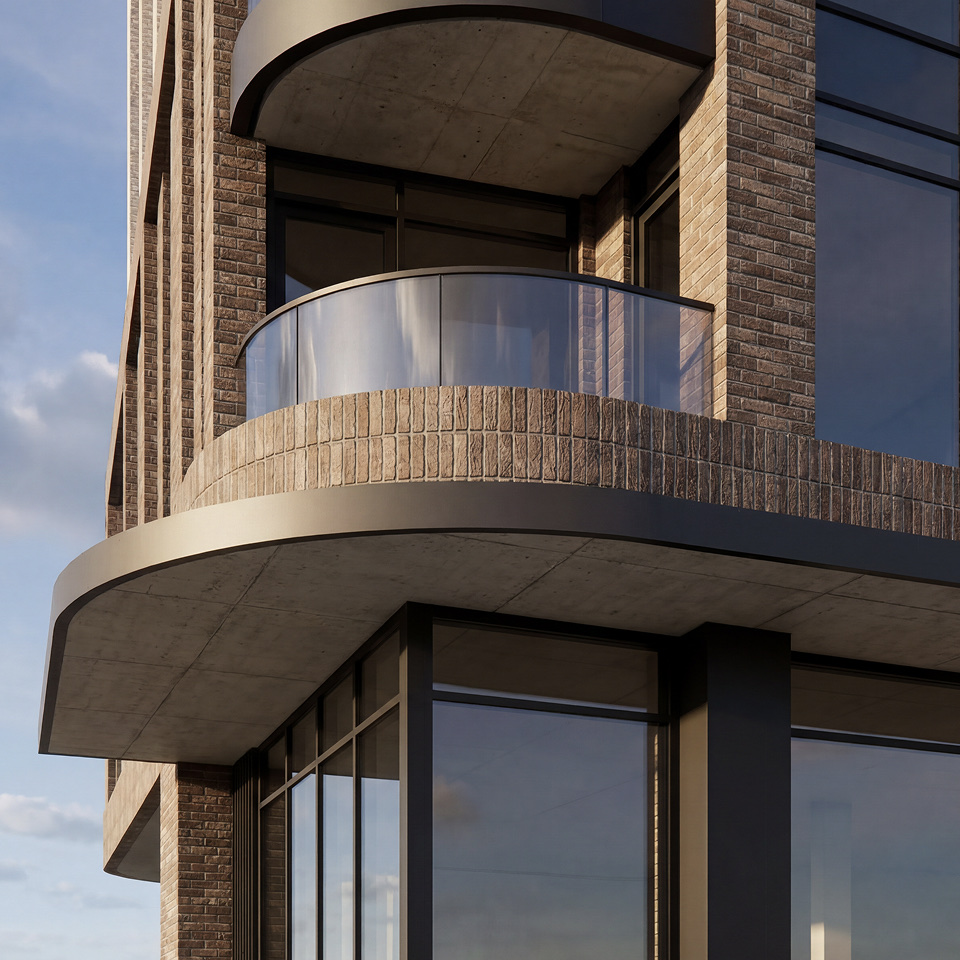 Architectural detail of Forto's exterior at 190 Beechwood Avenue.