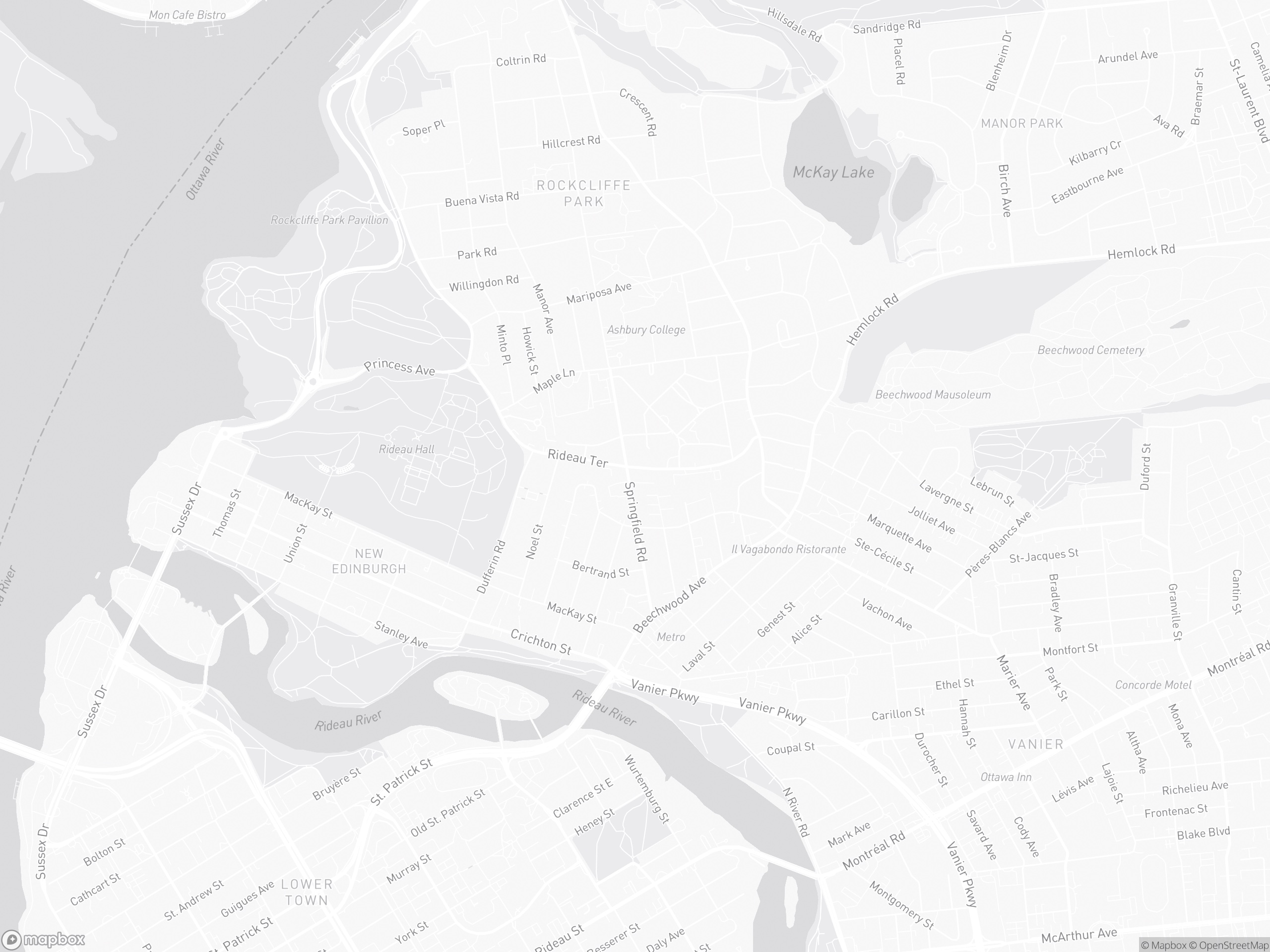 Map of central Ottawa centred on 190 Beechwood Avenue, showing the Rideau River, downtown core, and ByWard Market.