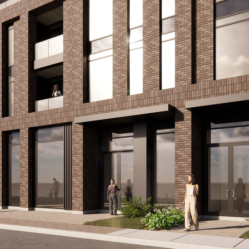 Street-level render of Forto showing ground-floor retail and trees along Beechwood Avenue.